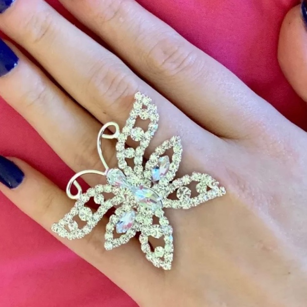 Rhinestone butterfly ring adjustable silver